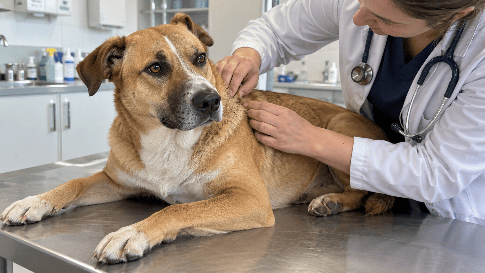Veterinárka pokojne kontroluje kožu dospelého psa v ambulancii